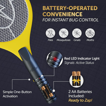 Bug Zapper 18" Electric Fly & Mosquito Swatter Racket - Outdoor/Indoor Killer for Flies, Battery-Operated Tennis Killing Zap, 3000 Volts Electronic Catcher, 2 AA Batteries Included - Yellow