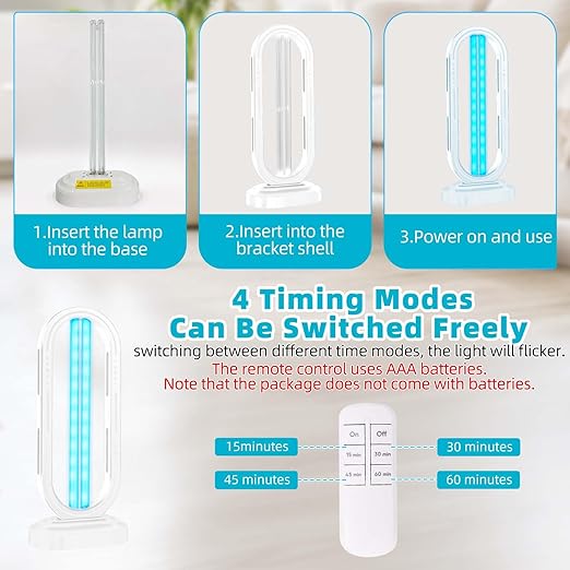 UV Light Sanitizer,4-Speed Timing and Remote Control UVC Home Disinfection Device,Ultraviolet Light Sanitizer for Bed Bugs and Dust Mites,UV Lamp for Whole Room,White