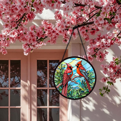 Red Bird Stained Glass Window Hanging, Red Sun Catcher for Window, Botanical Hanging Ornament to Express Sympathy, Bird Bloom Ornament for Wall, Home Decoration, Sympathy Ornament Gifts for Women Men
