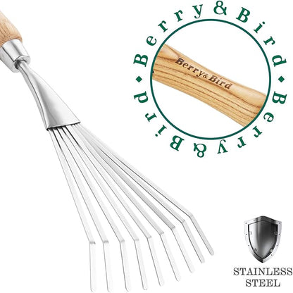 Berry&Bird Gardening Hand Shrub Rake, 14.7" Stainless Steel Grass Rake, 9 Tines Fan Lawn Leaf with Ergonomic Wooden Handle, Small Hand Rake for Sweep Leaves & Loose Debris in Garden, Lawns and Yards