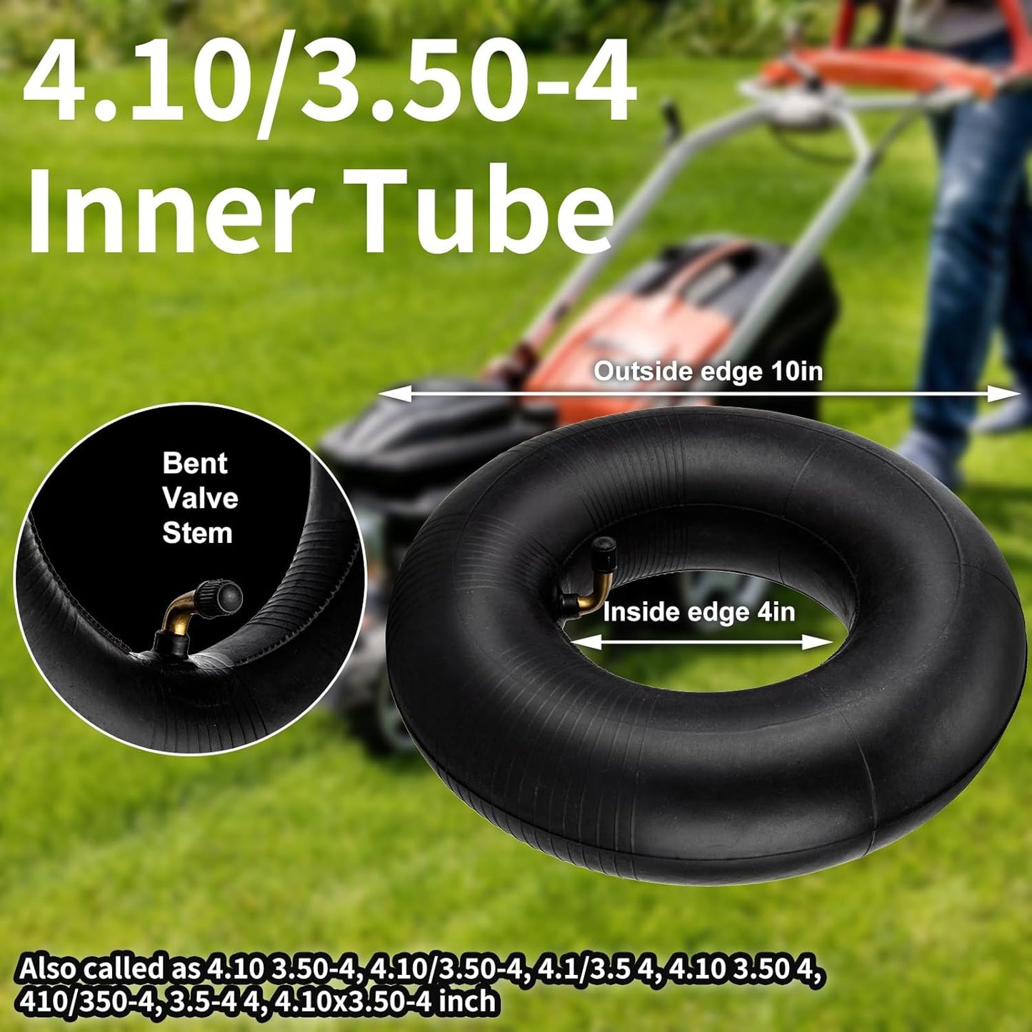 4.10/3.50-4" Inner Tubes, 2 Pack Heavy Duty 4.10 3.50-4/410/350-4 Replacement Tire Inner Tube with Bent Valve Stem for Wheelbarrow, Lawn Mower, Hand Truck, 4" Cart, Tractor, Dolly, Trailer, etc
