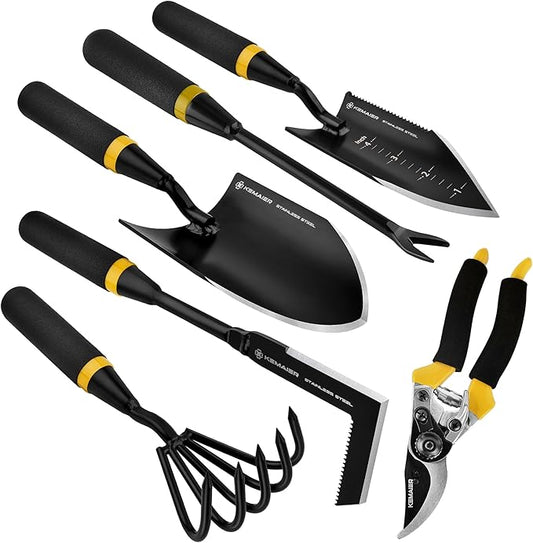 6-Piece Garden Tool Set with Storage Box, Heavy Duty Stainless Steel Gardening Hand Tools for Planting Weeding Digging, Includes Trowel, Shovel, Cultivator, Weeder, Pruner and More