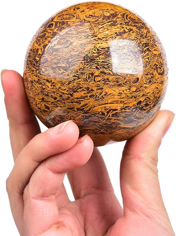 JIC Gem Reiki Healing Crystals Sphere Ball Natural Golden Silk Jade Gemstone with Decorative Stand Home Decoration (50-60mm)