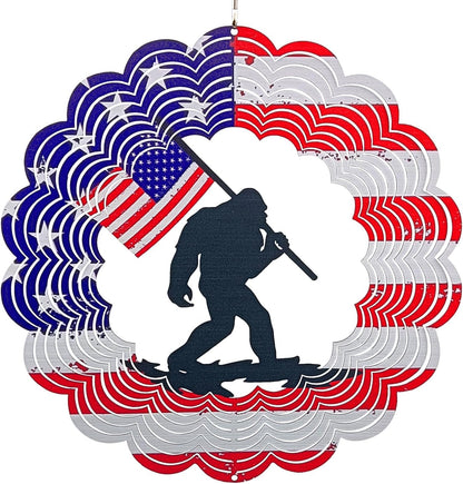 3D Patriotic Bigfoot Wind Spinner Decor - 12 Inch Metal Garden Art, Rust-Proof Outdoor Hanging Decorations, Patriotic American Flag Design, for Outdoor Lovers (Bigfoot)