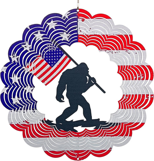 3D Patriotic Bigfoot Wind Spinner Decor - 12 Inch Metal Garden Art, Rust-Proof Outdoor Hanging Decorations, Patriotic American Flag Design, for Outdoor Lovers (Bigfoot)