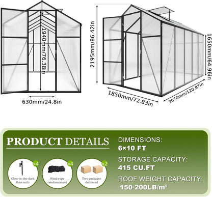7.2FT High 6*10.2FT Greenhouse for Outdoors,Polycarbonate Greenhouse with Stronger Wind Protection and Roof Vent,Walk-in Large Aluminum Sunroom Winter Proof,Black