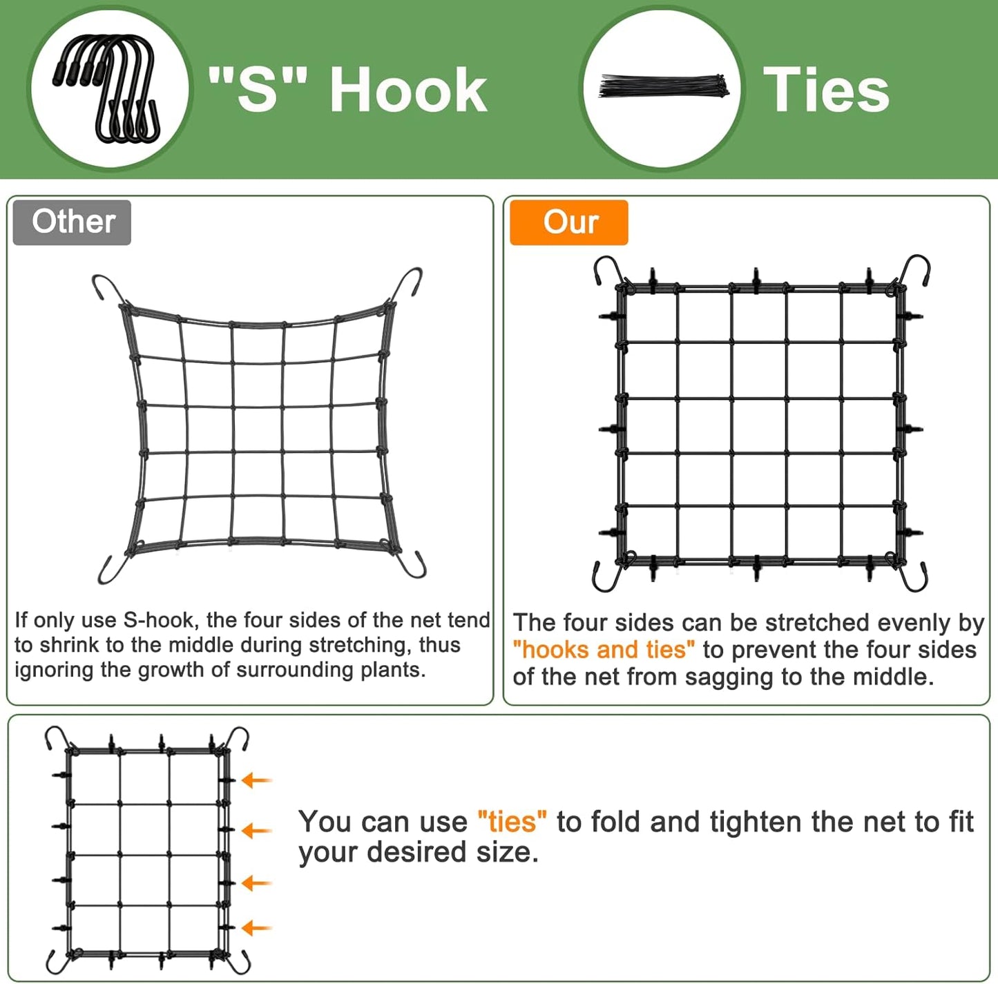Scrog Net 2x2 Trellis Net for Grow Tent, Elastic Heavy Duty Trellis Netting with Hooks for Indoor Plant Growing Tents, Hydroponics, Trellis for Climbing Plants Outdoor