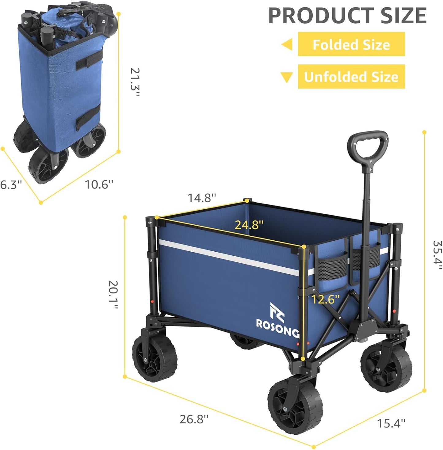Navy Collapsible Wagon Cart with Wheels Foldable - Folding Utility Heavy Duty Wagons Carts for Grocery Sports Garden Shopping Camping