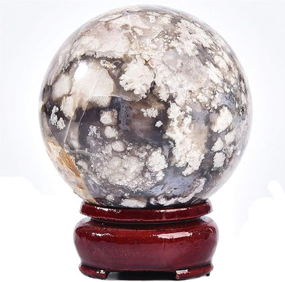 JIC Gem Blue Cherry Blossom Agate Crystal Ball with Stand Healing Crystal Sphere Natural Flower Agate Stone Meditation Home Decor 2.3-2.7 inch (60-70mm)