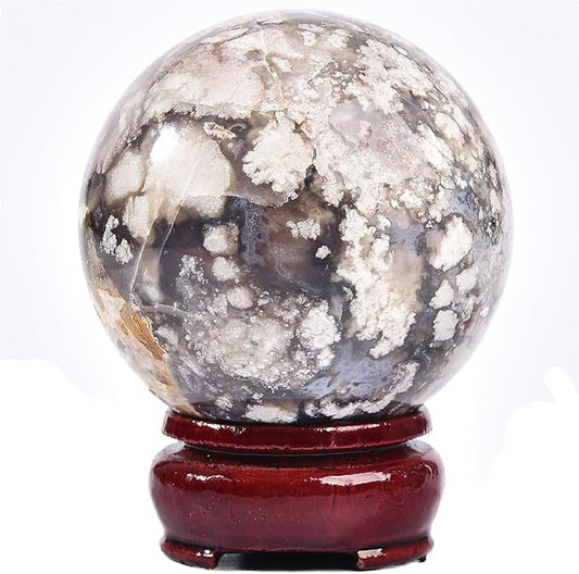 JIC Gem Blue Cherry Blossom Agate Crystal Ball with Stand Healing Crystal Sphere Natural Flower Agate Stone Meditation Home Decor 2.3-2.7 inch (60-70mm)