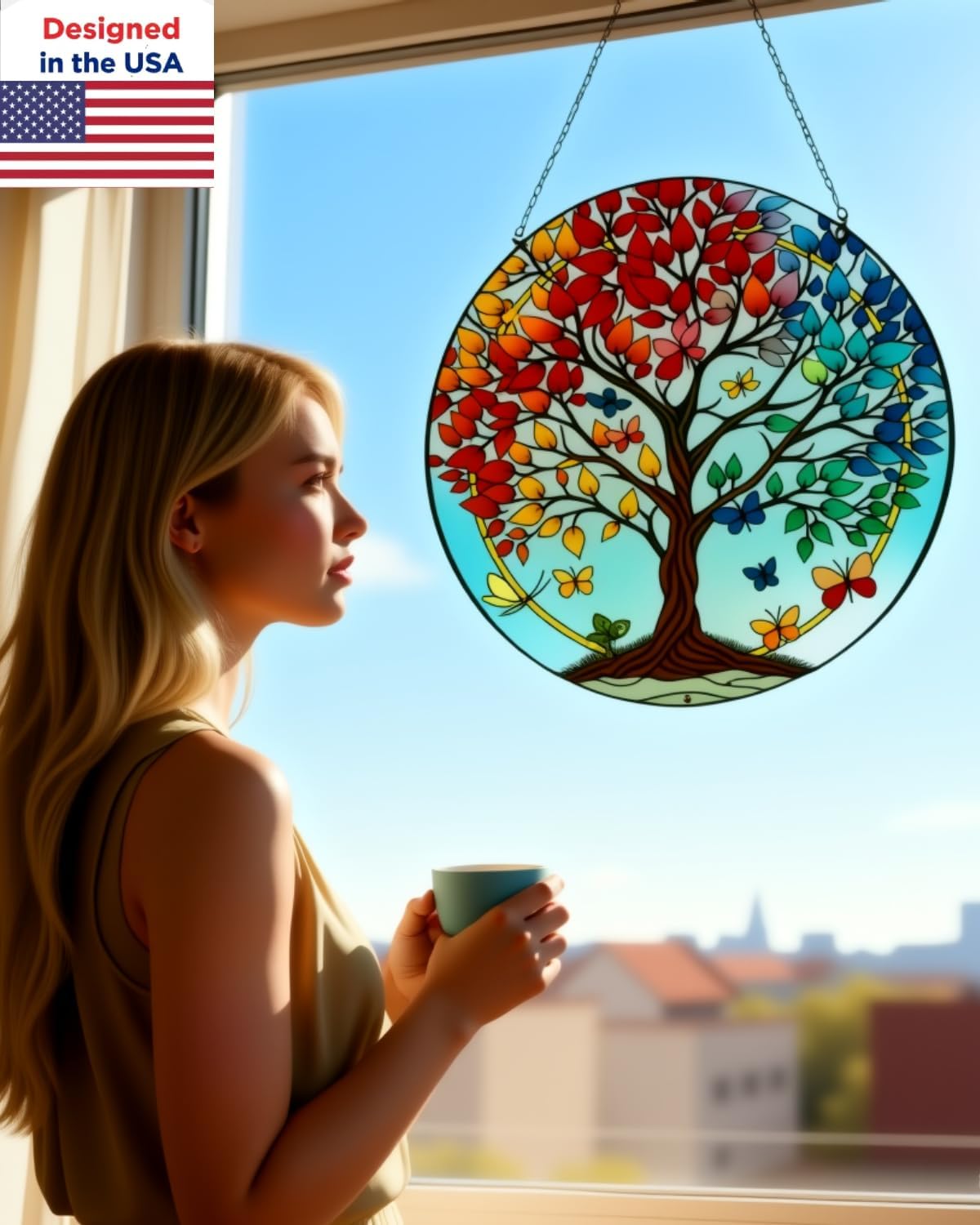 Stained Glass Sun Catcher for Windows Hanging - Handmade Tree of Life Window Decor for Women, Mom, Indoor/Outdoor Suncatchers for Home Garden, Christmas Wedding Housewarming Gift (6.31x6.31In)