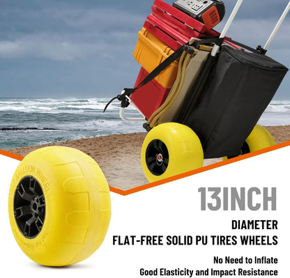 Beach Fishing Cart, 13” Big Balloon Wheels w/Flat-Free Solid PU Tires for Sands, 165LBS Loading Folding Sand Cart & 33.1" to 51.6" Adjustable Height, Beach Buggy Cart w/Storage Bag, No Rust