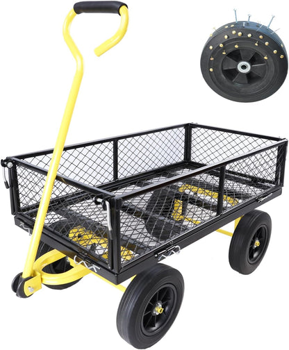 Heavy-Duty Solid Tire Garden Dump Cart - 4.86 cu. ft. Yard Wagon Cart with 600 LBS Capacity & Spacious Mesh Bed (37" x 19.5") - No-Flat Tires, Utility Wagon