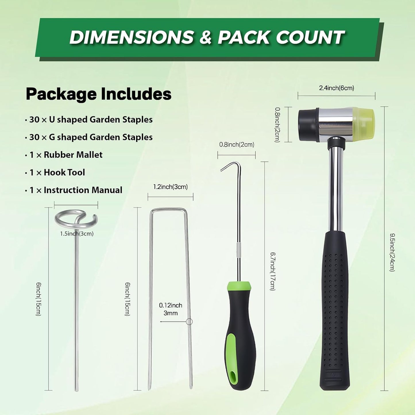 Landscaple Fabric Staples, 30pcs Galvanized G Shape Fabric Pins +30pcs U Shape Garden Staples Pins with Staples Remover Rubber Mallet, Ground Stakes Lawn Stples for Weed Barrier Sod Turf Outdoor Decor
