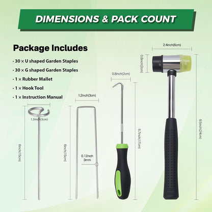 Landscaple Fabric Staples, 30pcs Galvanized G Shape Fabric Pins +30pcs U Shape Garden Staples Pins with Staples Remover Rubber Mallet, Ground Stakes Lawn Stples for Weed Barrier Sod Turf Outdoor Decor