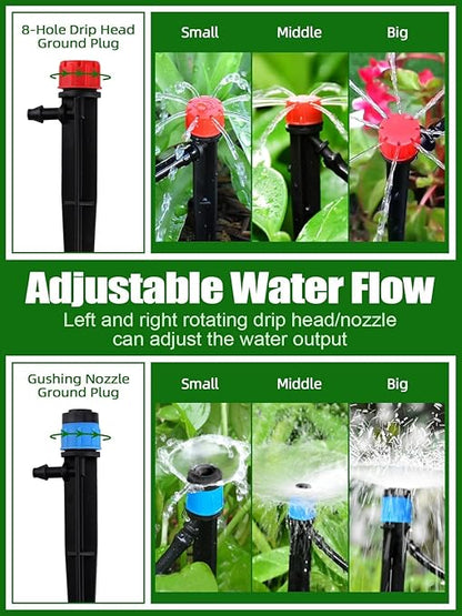 250FT Drip Irrigation Kit with Rotating Nozzle, Kalolary 1/4" 1/2" Automatic Garden Watering System with 4/7mm 16mm PE Tube Adjustable Micro Water Sprinkler Equipment for Patio Lawn Flower Bed