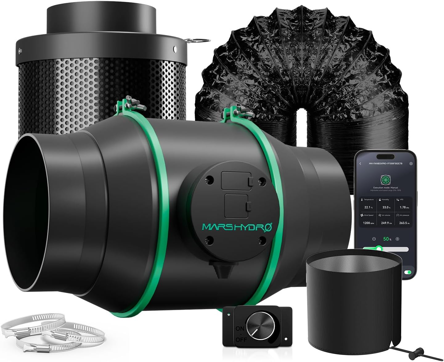 MARS HYDRO 2025 New Version iFresh 6 Inch Smart Inline Fan Combo, with Variable Speed Controller, for Heating Cooling Booster, Grow Tents
