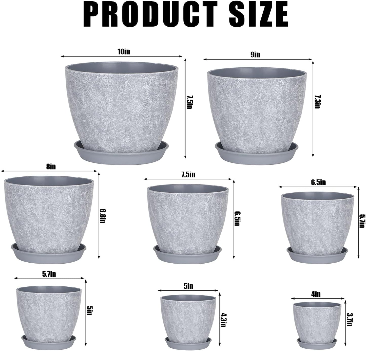 Set of 8 Plastic Planter, 10/9/8/7.5/6.5/5.7/5/4inch Plastic Planter, Flower Pot Indoor Decorative Large Plant Pot, Plant Pots Indoor with Drainage and Saucer for All House Plants (Set of 8)