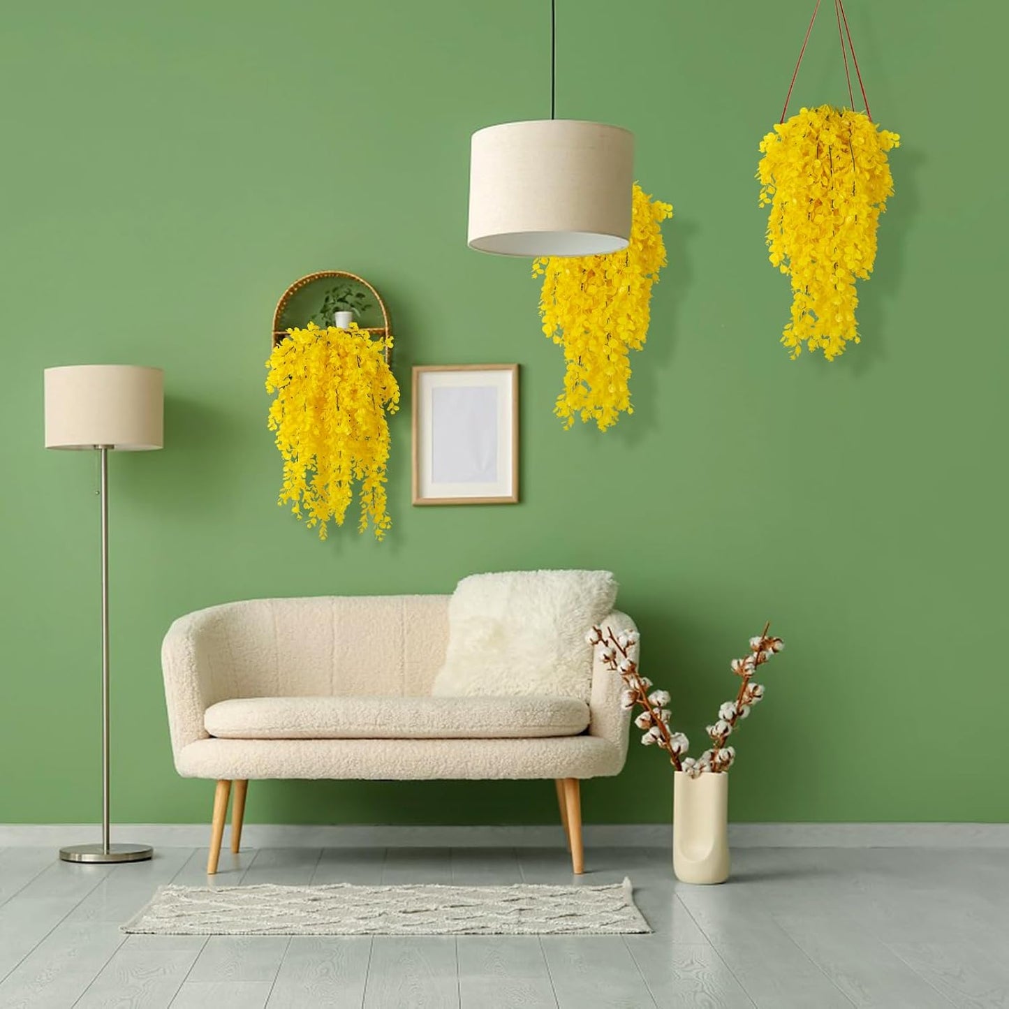 RECUTMS 4 Pack Artificial Hanging Plants Fake Eucalyptus Leaf Greenery Vine Plant UV Resistant Plastic Wall Decor for Ivy Patio Office Shelf Wedding (Pure Yellow)