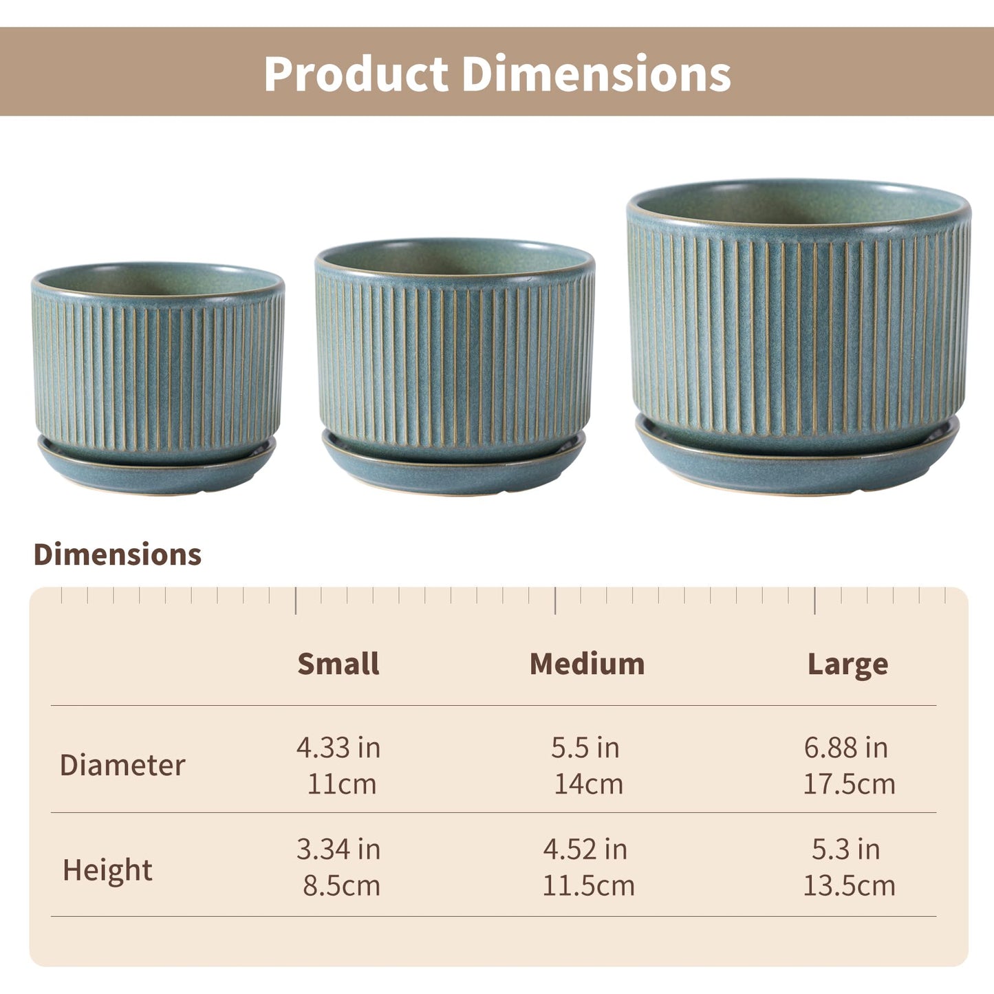SURE YUESI Ceramic Plant Pots Set of 3, Indoor Outdoor Planters with Drainage Hole and Saucer