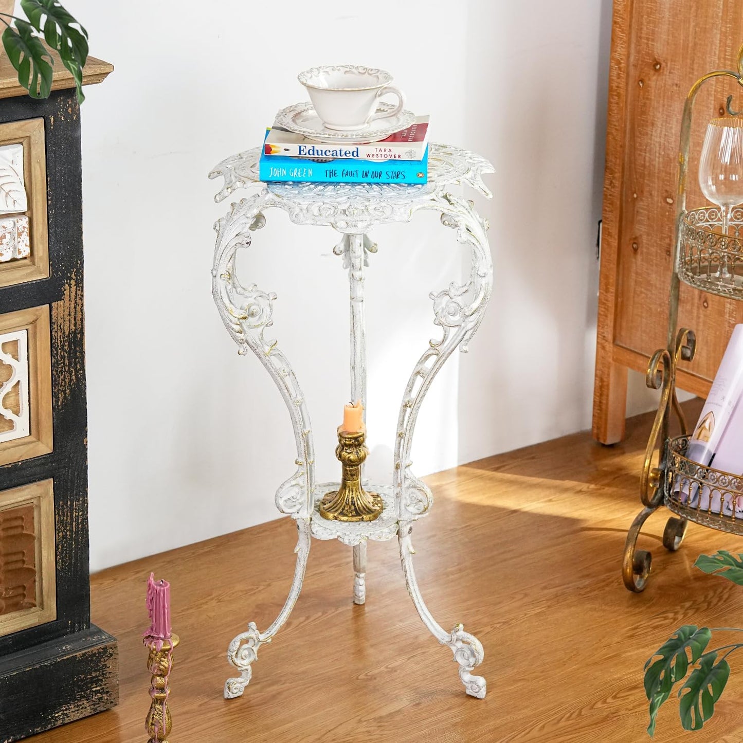 Sungmor Vintage Cast Iron Plant Stand - Ornate White Pedestal Table for Indoor Outdoor Garden, 27.5" Antique Metal Flower Pot Holder - Victorian Style Plant Display Stand, Patio, Porch, Balcony Décor