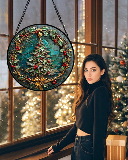 Stained Glass Window Hangings - Red Gold Green Wreath Suncatcher for Door Home Christmas Tree Decoration Sun Catcher Thanksgiving New Year Birthday Gift for Women Men Mom Grandma 7.8 in