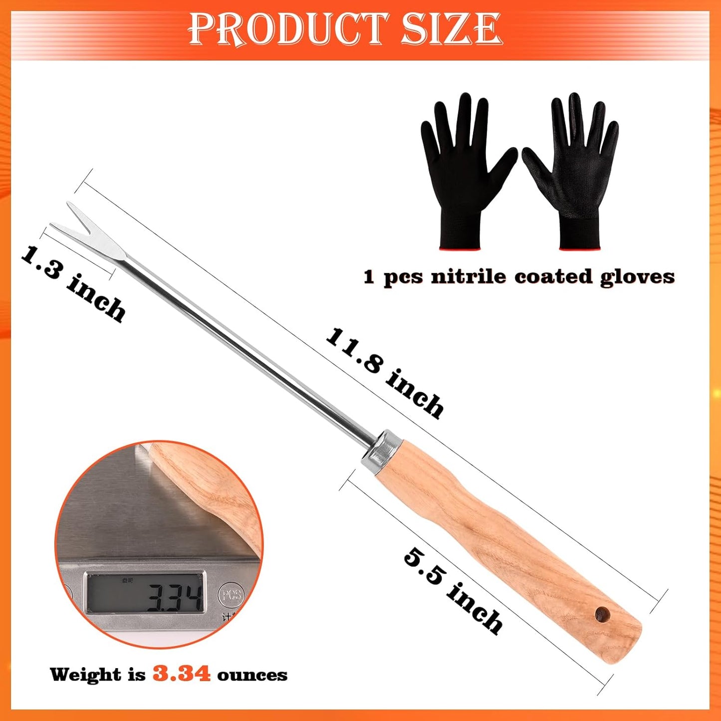 Wooden Handle Dandelion Weeder Tool - Polished Stainless Steel Dual - Forked Head Dandelion Weeder Puller Tool for Planting, Weeding, Flower & Vegetable Care with Nylon Nitrile Coated Gloves