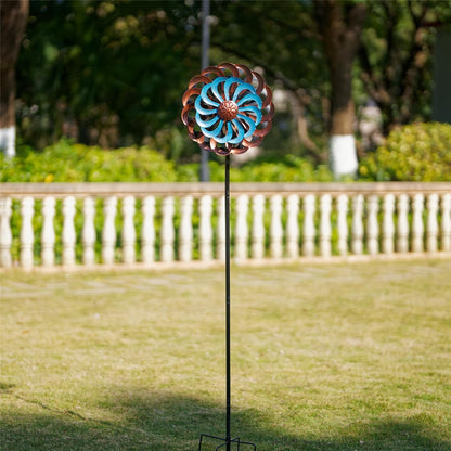 Metal Wind Spinners Outdoor, 14 Inch Dia Kinetic Wind Sculptures & Spinners with Stake, 61" H Windmill Yard Art Decor for Patio Lawn Garden, Copper Blue