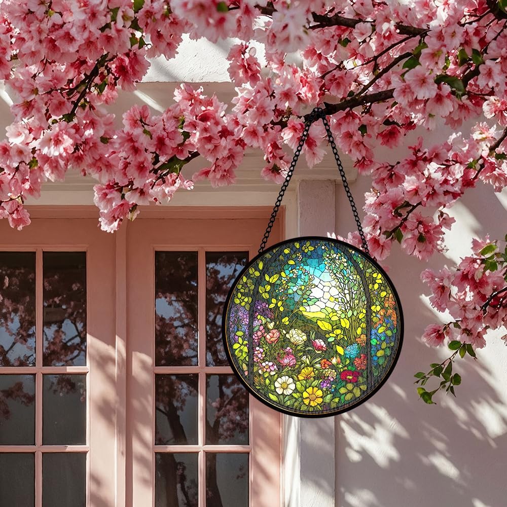 Blooming Flower Stained Glass Window Hanging, Floral Stained Glass Window Hanging, Suncatcher Panel Decorations, Floral Glass Ornament for Indoor Outdoor Wall, Garden Decor Gifts for Housewarming