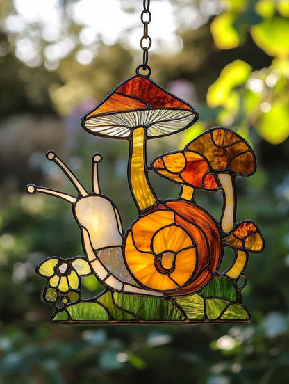 Mushrooms with Snail Acrylic Stained Window Hanging Pink Mushroom Suncatcher Cottagecore Home Decor for Friends Sun Catchers Indoor Windown Suncatchers Windows Garden