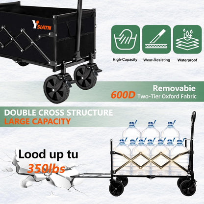 Collapsible Folding Wagon Cart with Tailgate - 300lbs Heavy Duty Foldable Utility Wagon and Brake Wheels - 100L Lightweight Grocery Wagons for Shopping Camping Sports Garden, Black