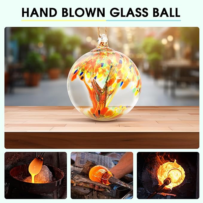 Hand Blown Glass Ball, 4" Gazing Glass Christmas Ornaments, Hanging Tree of Life Witch Balls for Home Outdoor Window Patio Garden Décor（Orange）