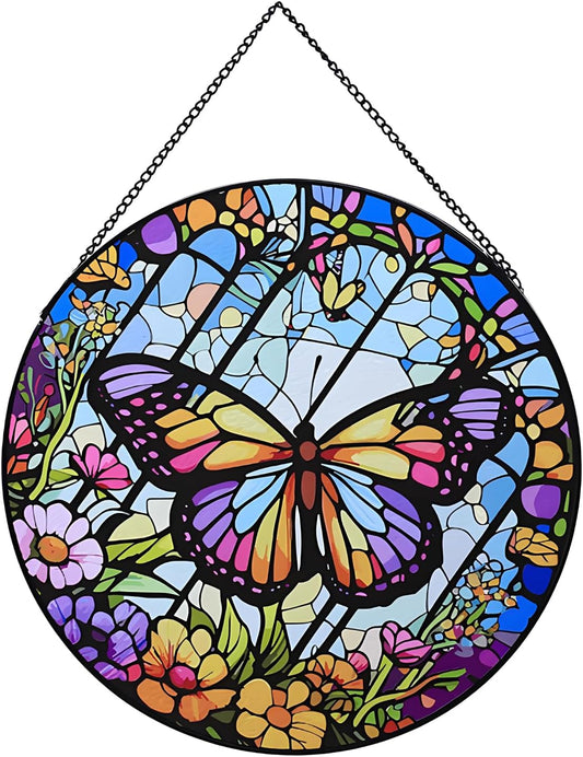 Butterfly Hanging Stained Glass for Windows,20cm/7.87inch Hand-Painted Sun Catcher Garden Hangings