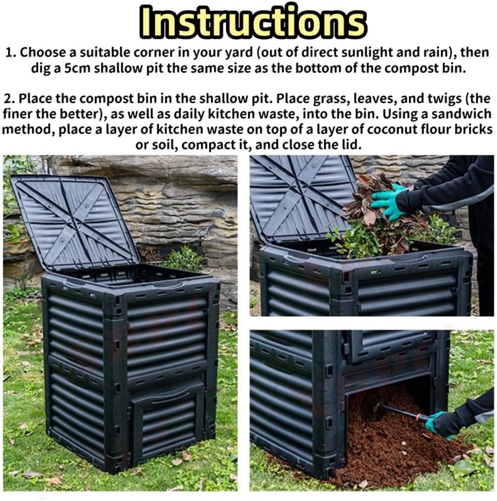 Large Fertilizer Fermentation Box, Plastic Compost Bin, Lightweight Outdoor Composting Box Suitable for Garden, Courtyard and Kitchen(Black,Medium)