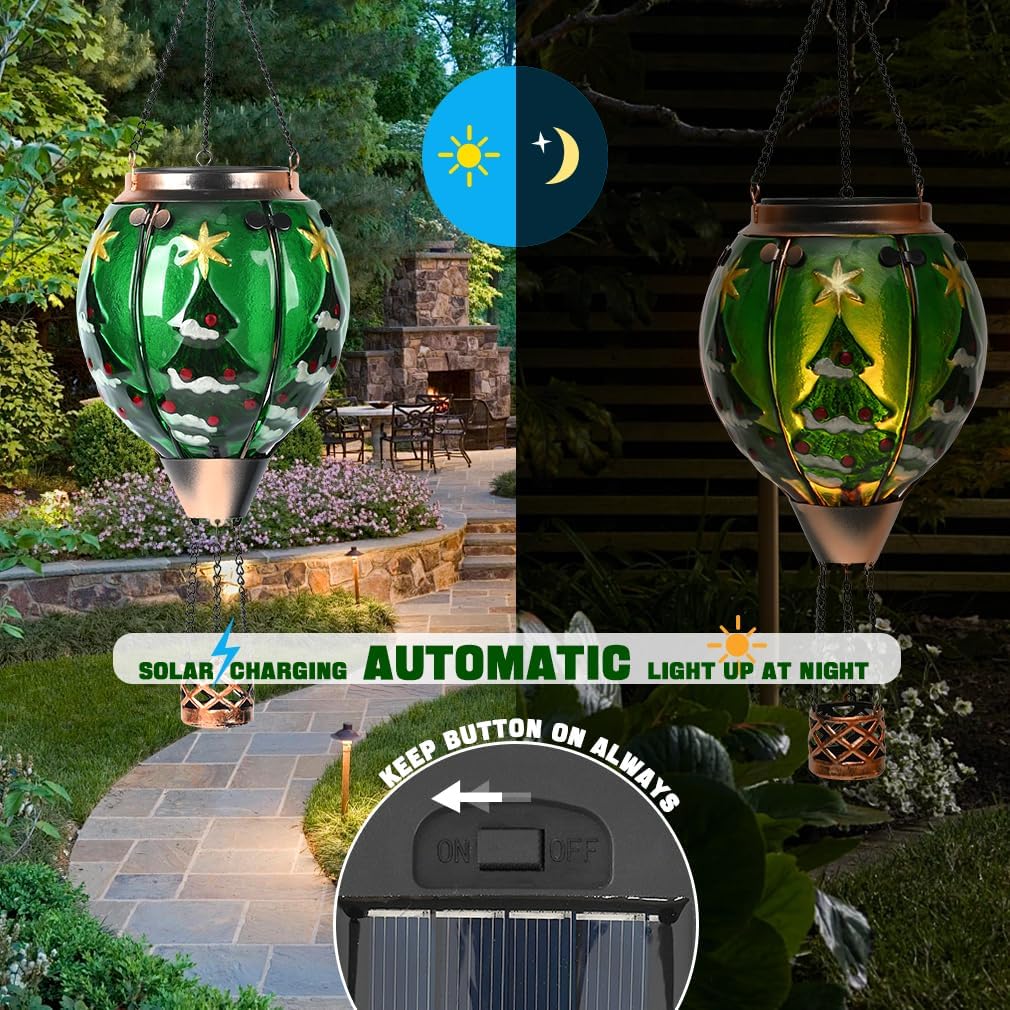 Solar Powered Hot Air Balloon Lantern - Christmas Tree Glass Lantern, Simulated Flickering & Dancing Flame, Outdoor Hanging Yard Light Waterproof IP65 for Patio Lawn Porch New Year Decor Gift