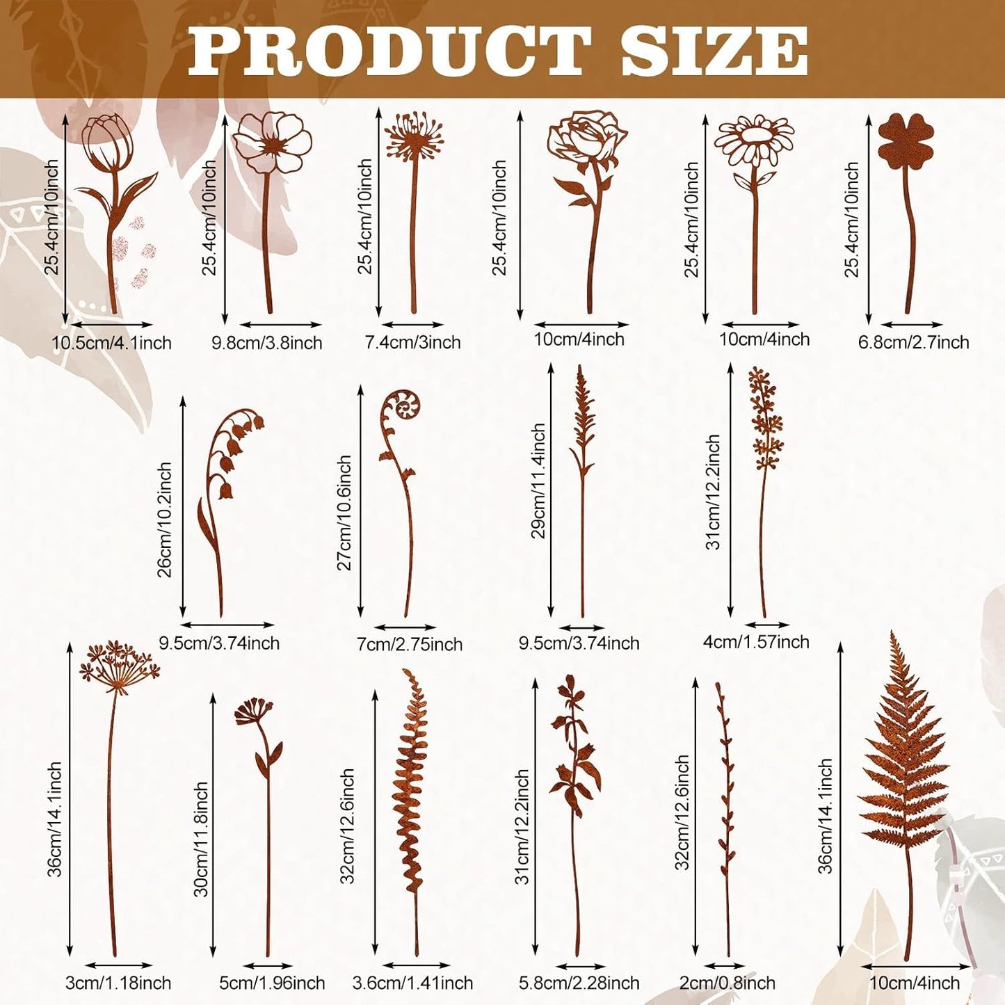 16 Pcs Metal Garden Stakes Decorative Flowers for Outside Rusty Finish Metal Plant Stakes for Indoor Outdoor Lawn Yard Walkway Garden