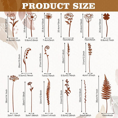 16 Pcs Metal Garden Stakes Decorative Flowers for Outside Rusty Finish Metal Plant Stakes for Indoor Outdoor Lawn Yard Walkway Garden