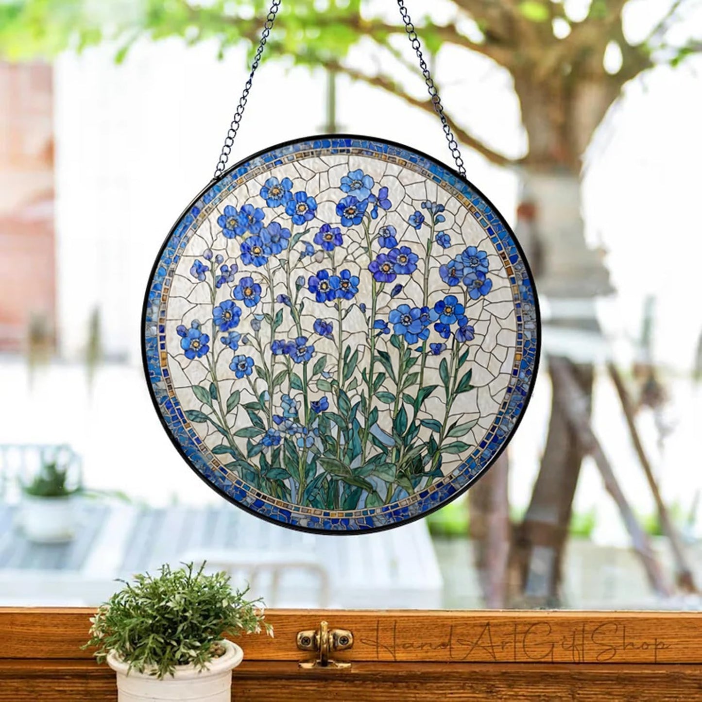 Forget-Me-Not Suncatcher -7.9 in Stained Glass Window Hanging Sun Catcher Garden Decor