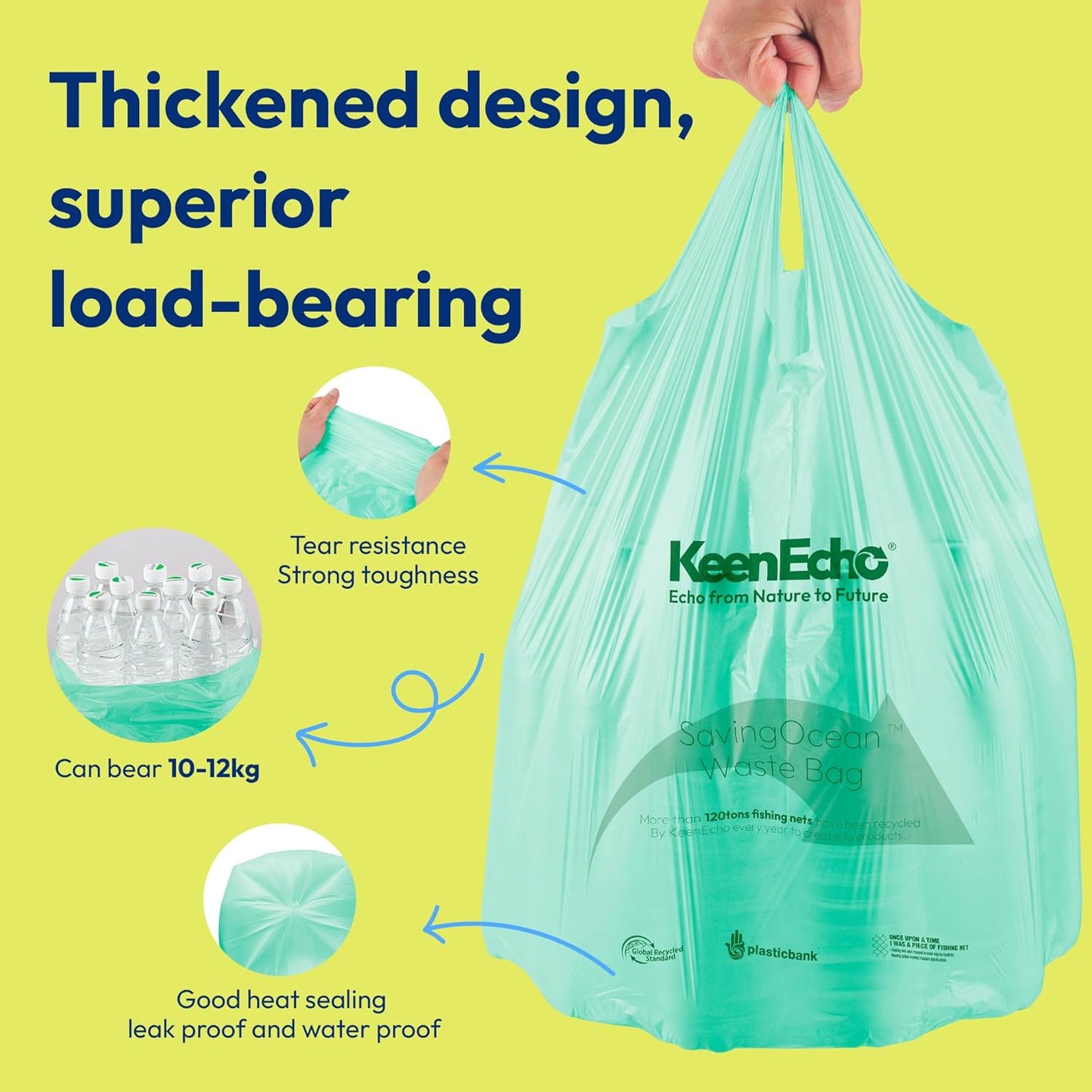 3 Gallon 200 Counts Small Green Trash Bags with Handle, Ocean Fishing Nets Upcycling, Sage & Sea Salt Scented, Plastic Garbage Bags, Waste Bag for Kitchen, Bathroom, Office and Pets
