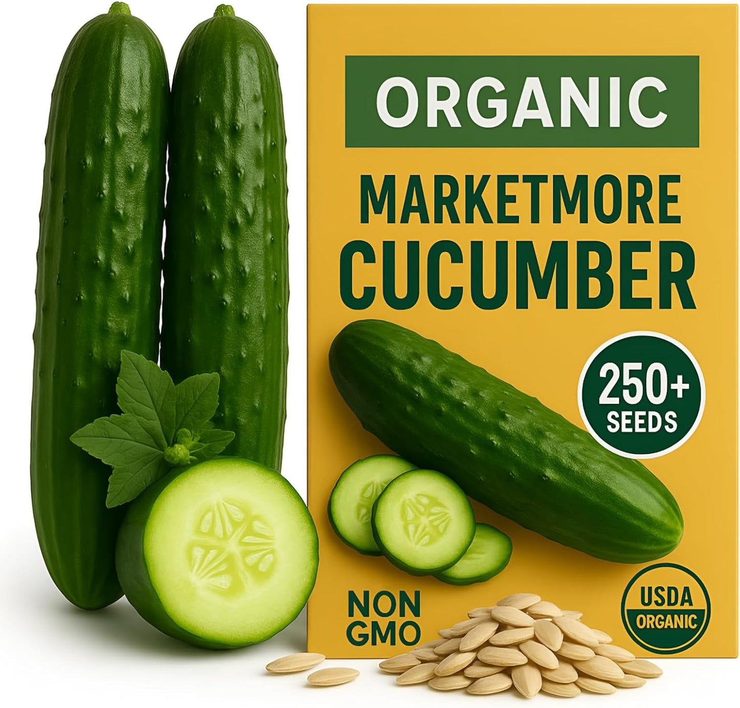 250+ Organic Marketmore Cucumber Seeds – Premium Heirloom Seeds – Perfect for Gardens, Raised Beds & Containers – Crisp, Delicious & Non-GMO – USA Grown (Cucumis sativus)