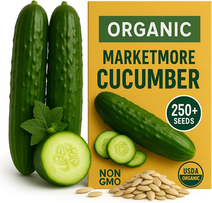 250+ Organic Marketmore Cucumber Seeds – Premium Heirloom Seeds – Perfect for Gardens, Raised Beds & Containers – Crisp, Delicious & Non-GMO – USA Grown (Cucumis sativus)
