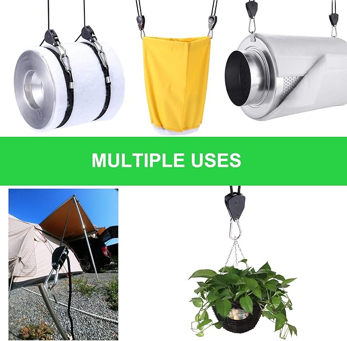 Rope Clip Hanger, 12 Packs 1/8 in Reinforced Adjustable Height Anti-Loose Design Gears Clip for Growing Light Fixtures, Hanging Plants, 8 FT Length 150lbs Weight Capacity