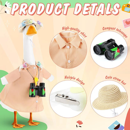 9 Pcs Bird Watcher Goose Outfits Hiking Costume Clothing T-shirt Straw Hat Binoculars Birds Whistle for 23'' Cement Porch Goose Summer Outdoor Garden Yard Lawn Patio Statue Art