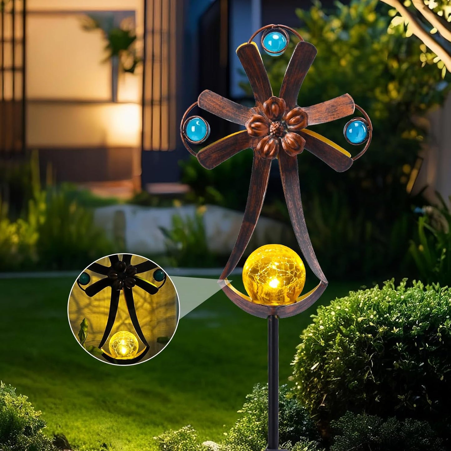 VCUTEKA Solar Garden Lights Cemetery Metal Flower Decor Colorful Solar Pathway Light with LED Cracked Crystal Ball Outdoor Decorative Stake for Patio Yard Lawn Garden Decor (Cross)