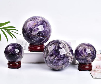 JIC Gem Large Crystal Ball Chevron Amethyst Healing Crystals Sphere with Wooden Stand Meditation Home Decor 3.5-4 inch (90-100mm)