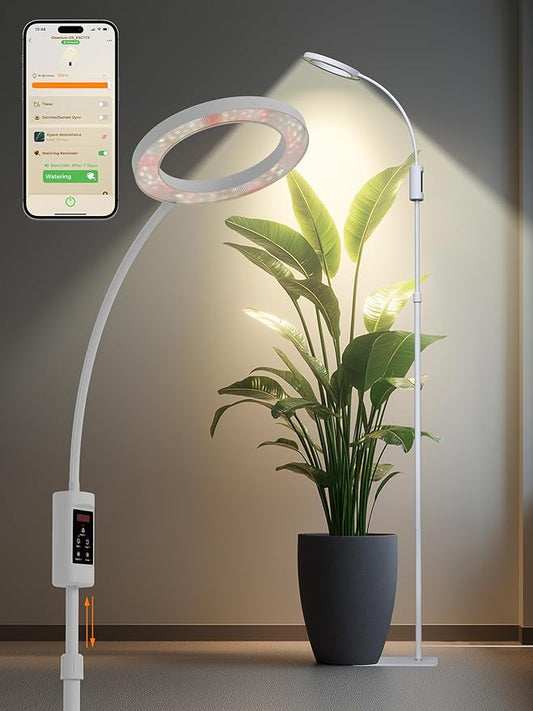 Smart Grow Lights for Indoor Plants,24W Plant Light with Auto-Timer,Full Spectrum LED Grow Light, Adjustable Height & Stepless Dimming,Plant Assistant Suitable for Most Plants (White, 24W)