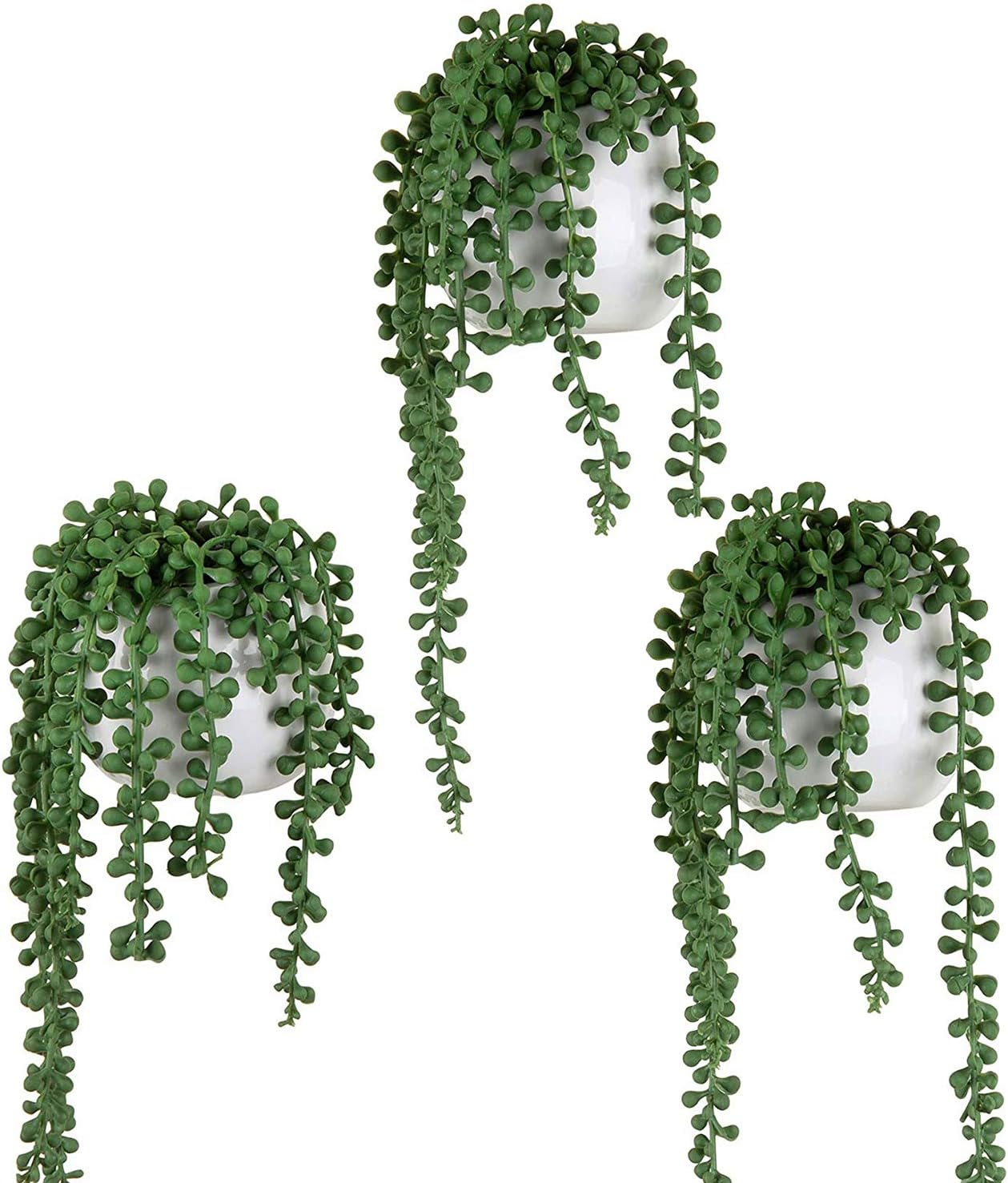 MyGift Artificial Faux String of Pearls Plants in White Ceramic Wall Hanging Planter Pot with Jute Rope, Set of 3