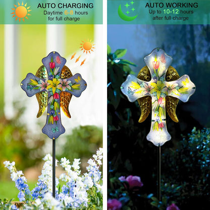Solar Cross Garden Stake Lights,Metal Angel Wing & Acrylic Flowers Cross Solar Christmas Lights Outdoor,Waterproof Memorial Garden Decor for Cemetery,Grave,and Remembrance Gifts