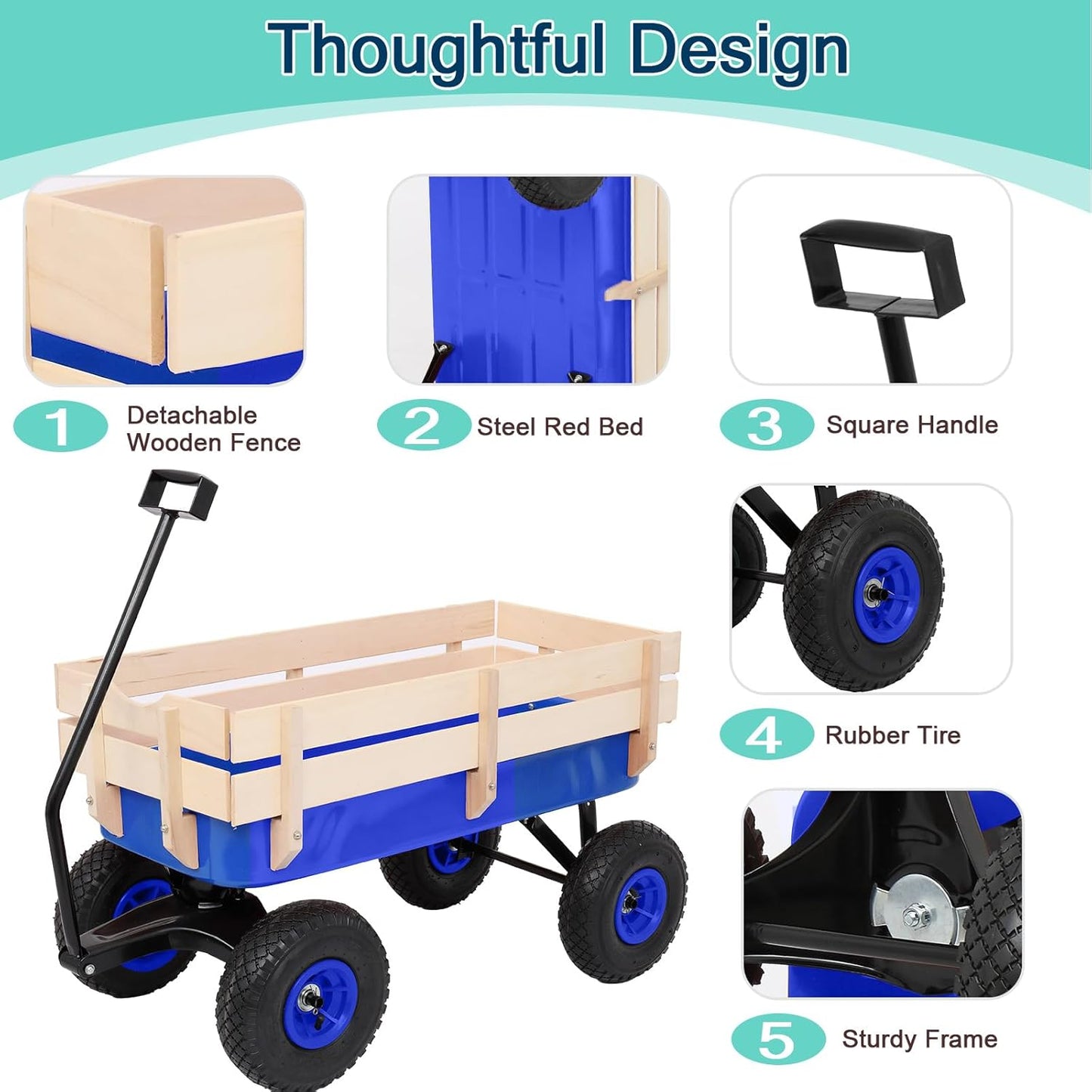 Outvita All-Terrain Cargo Wagon with 10'' Air Tires, Steel Structure Wagon with Removable Wooden Side Panels for Kids, Garden and Cargo, Up to 220lbs Capacity, 38'' L x 19'' W x 31'' H (Blue)