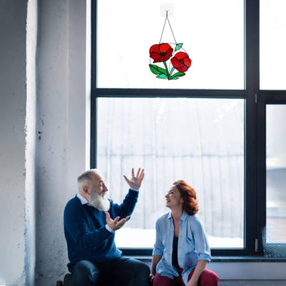 Red Flowers Stained Glass Window Hanging,Artificial Poppy Flower Suncatcher Wall Art Decor,Red Poppy Modern Artwork Hanging Decorations for Bedroom Living Room,Memorial Gift